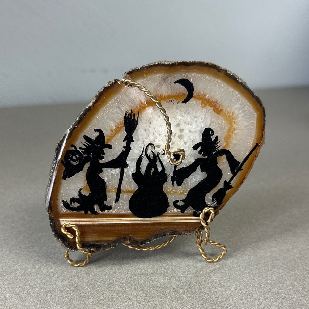 Hand Crafted Witch Silhouette Agate Art with Gold and Black Accents